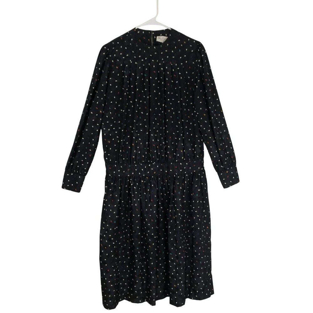 Vintage Ms. Chaus Black Long-Sleeve Dress With Abstract Triangle Pattern Size 12